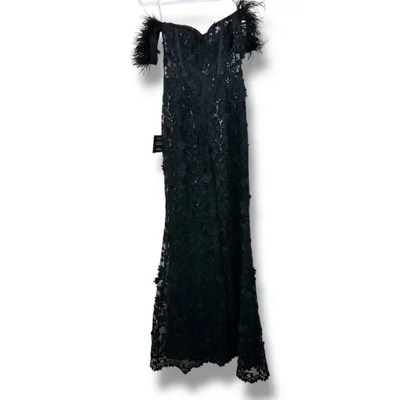 NEW Lulus Midnight Sparkle Black Embroidered Feather Bustier Maxi Dress XS - Picture 10 of 13
